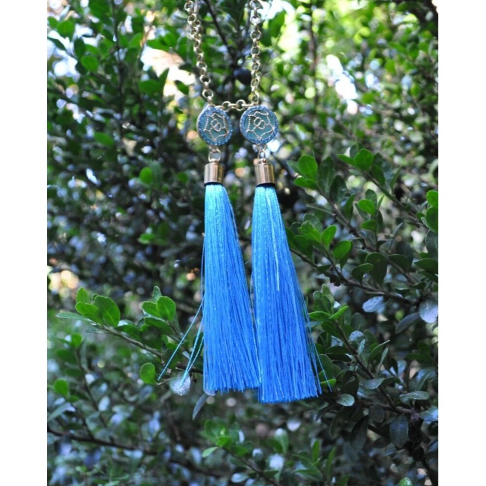 Gold tone post Boho / Gypsy rose motif earrings with pale blue tassel fringe